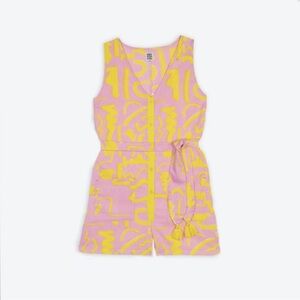 Miss PomPom Pink & Yellow Scribble Poolside Playsuit Jumpsuit Romper, Size Large